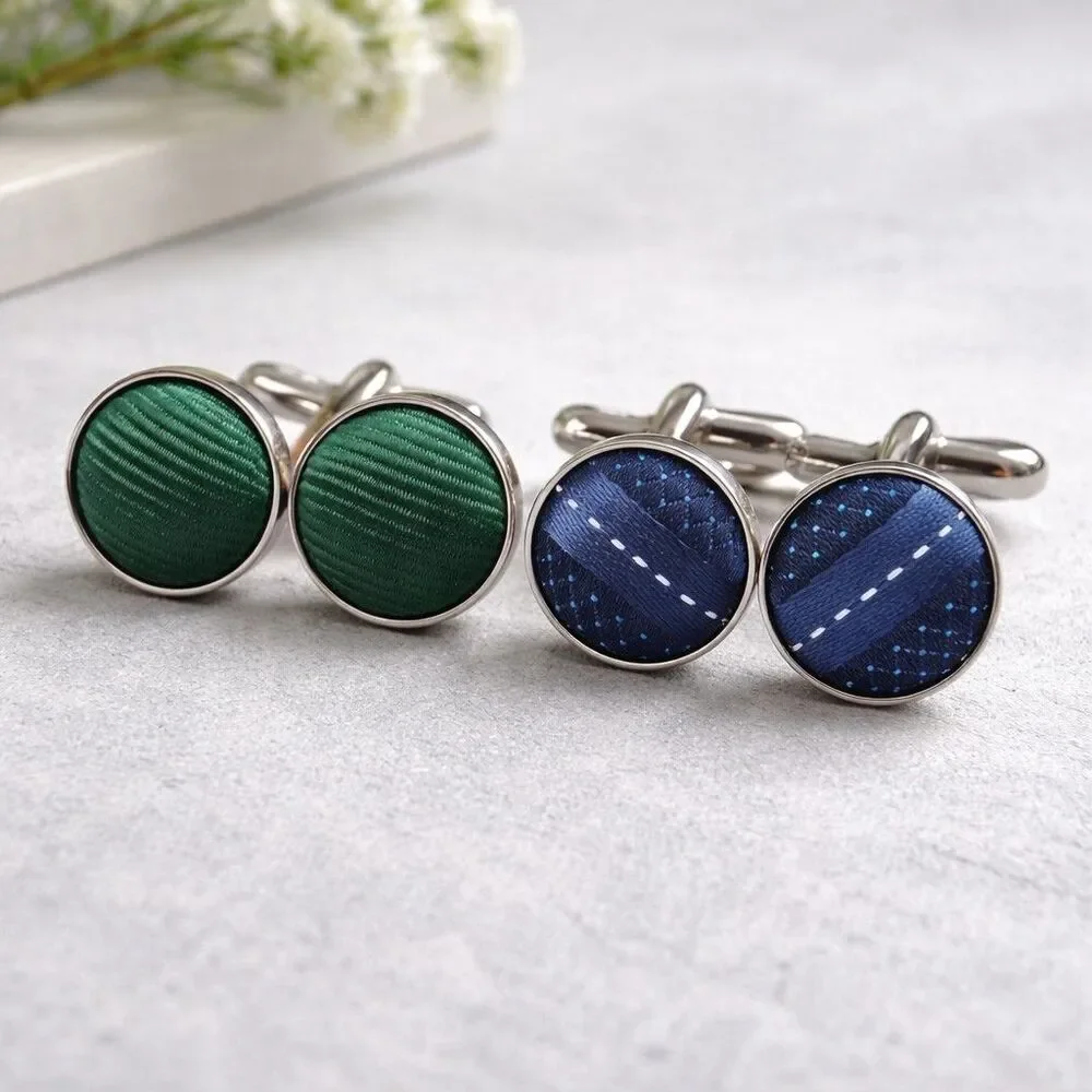 Fabric Covered Cufflinks Lot of 2 Round Vintage Look Green Plaid Blue Pattern